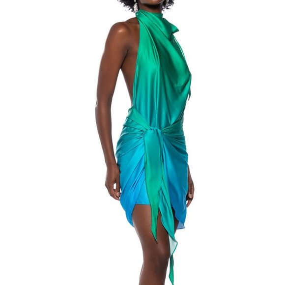 Callie Lives Dresses & Skirts - Callie Date Flow: Satin Ombre Blue Green Halter Wrap Front Dress Large